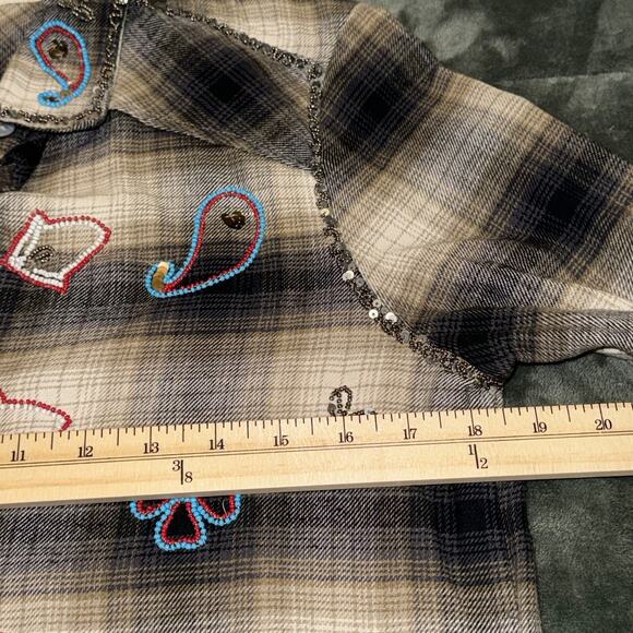 Miss Me Vintage Shirt Dress Women’s Small Brown Black Plaid Embroidered Beaded - Picture 9 of 11